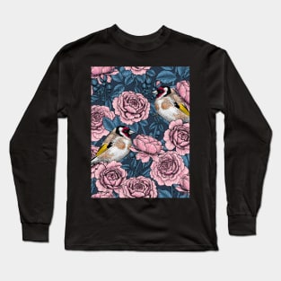 Pink Rose flowers and goldfinch birds Long Sleeve T-Shirt